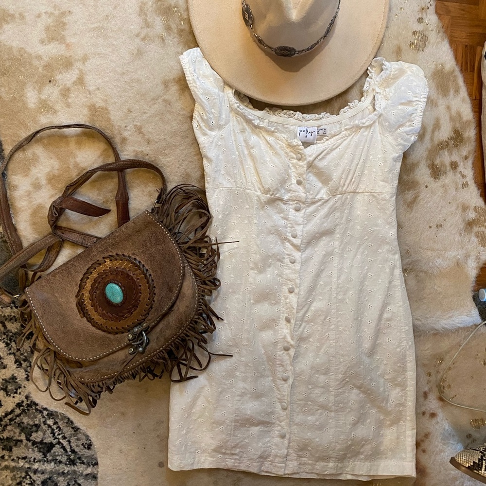 Eyelet off shoulder mini dress
